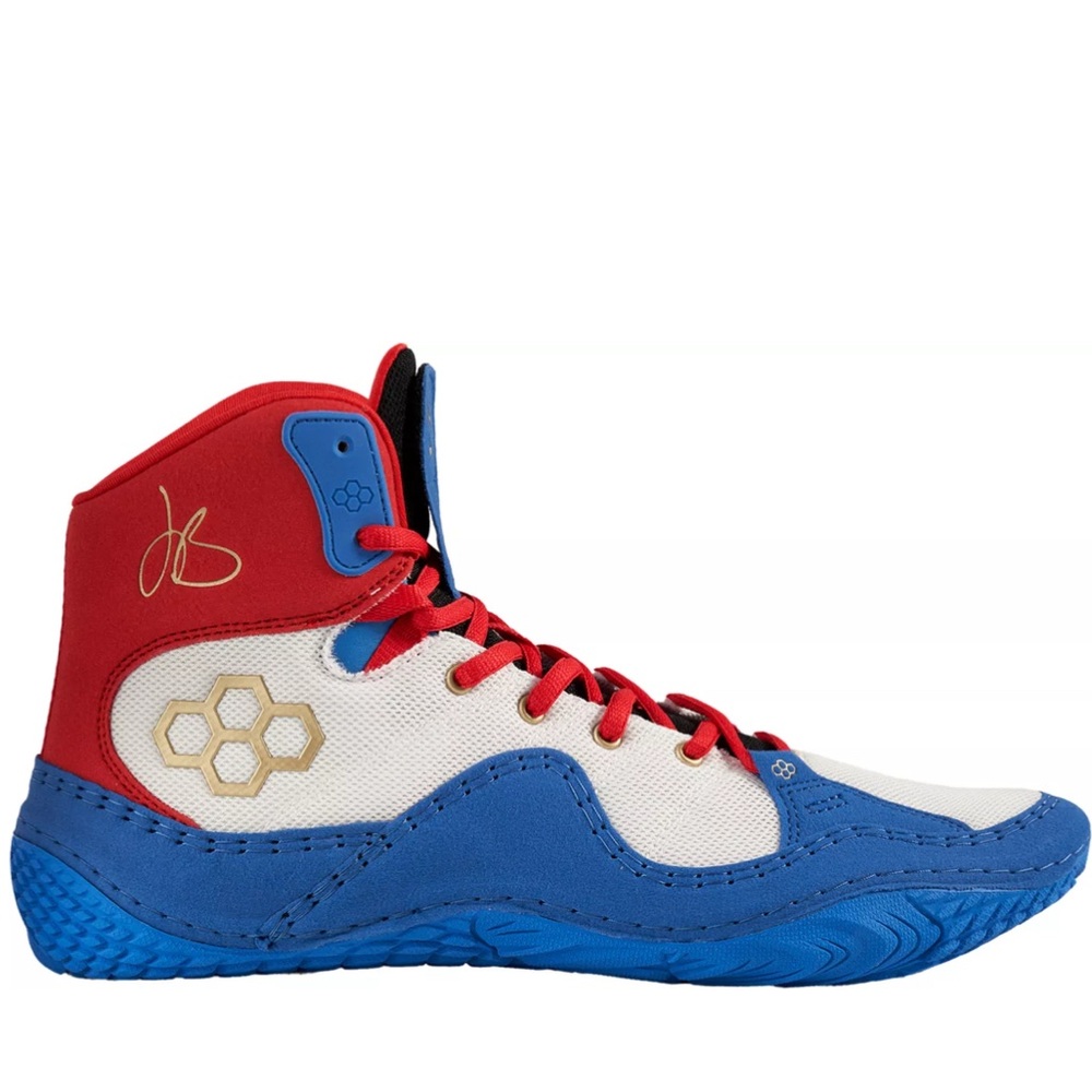 Vibrant Red and Blue High-Top Athletic Shoes